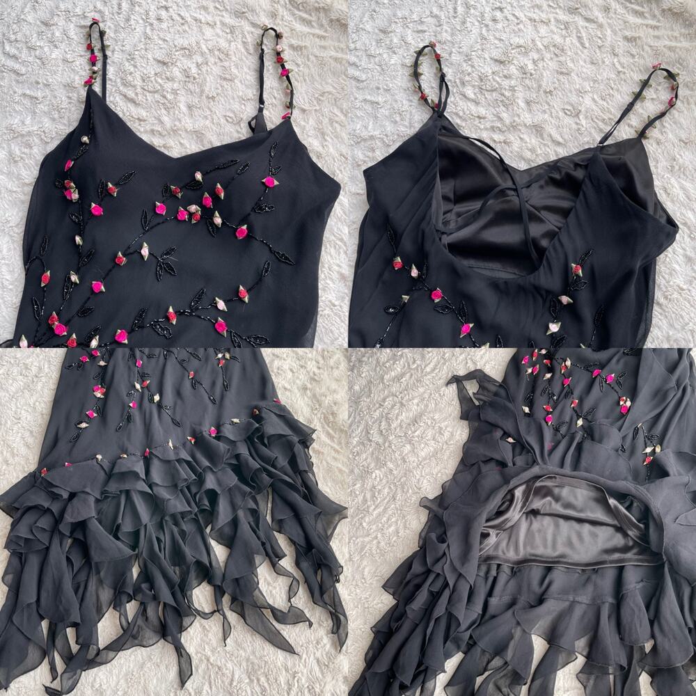 Cache silk rosette beaded slip dress prom gown ruffle formal cocktail floral M - Picture 12 of 16